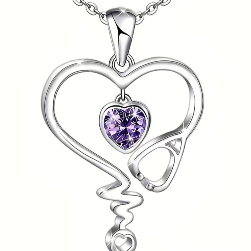 Elegant Silver Heart Necklace with Purple Accent